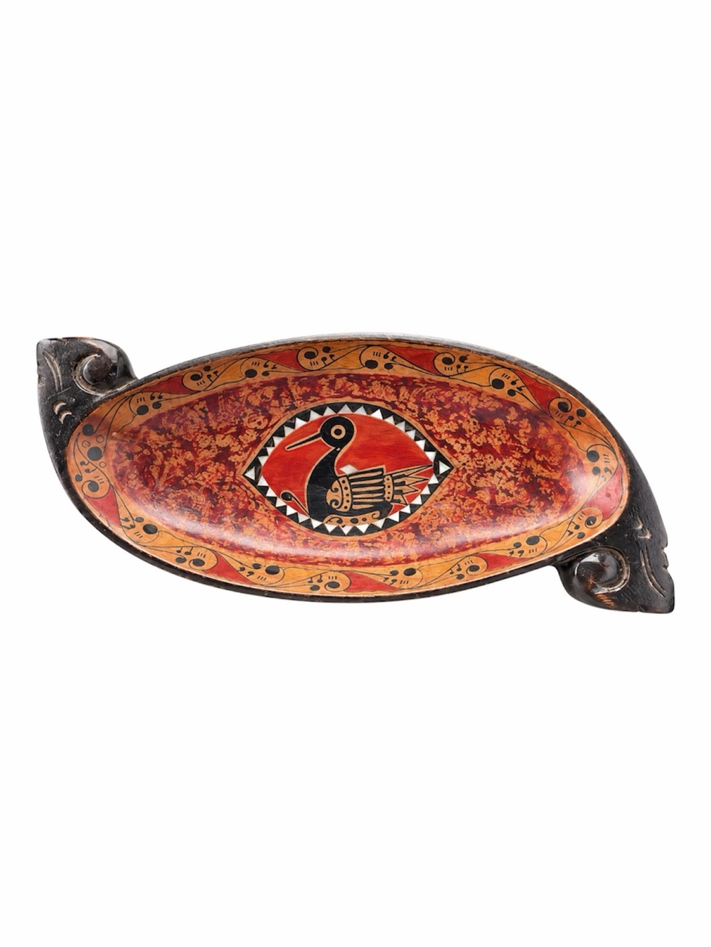 Vintage Carved Wood Fish Bowl Platter Mother of Pearl Inlay Bird Folk Art